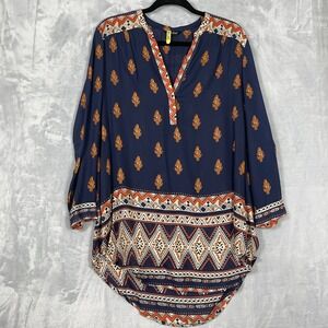 Lucky Brand Tunic Blouse Top‎ Size M Blue Aztec Print Bohemian Boho Semi Sheer